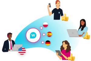 Illustration of Fiker Translation's global professional translation services, connecting diverse languages like English, Polish, Spanish, and German for seamless communication.